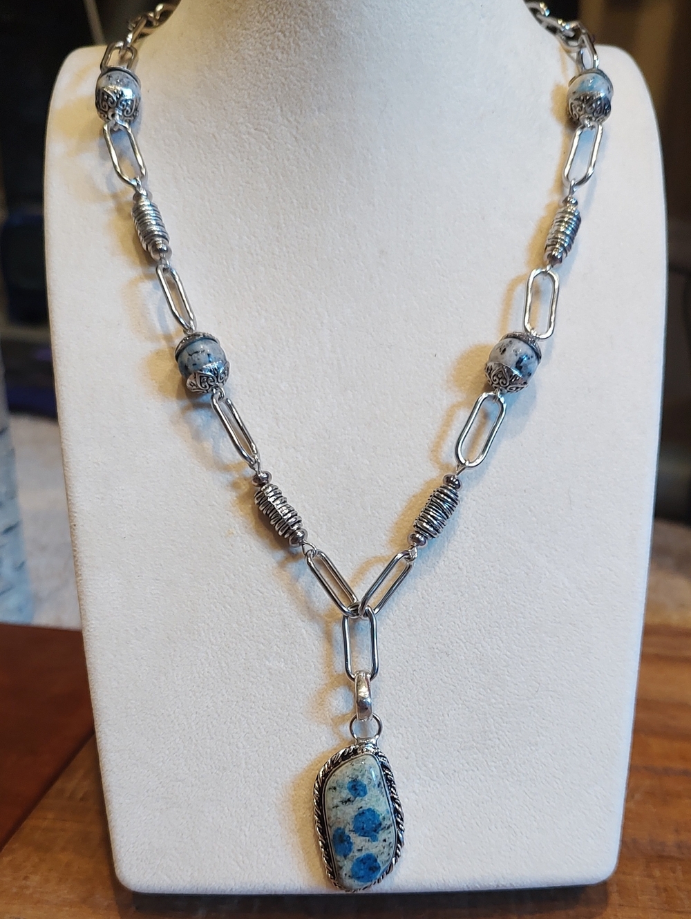K2 Azurite Pendant Necklace With Paperclip Beaded Chain K2 Beads 19 Inches